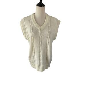 Vtg 80s Troy Hill Ivory Cable knit Sweater Vest Sz M V Neck Preppy Heritage